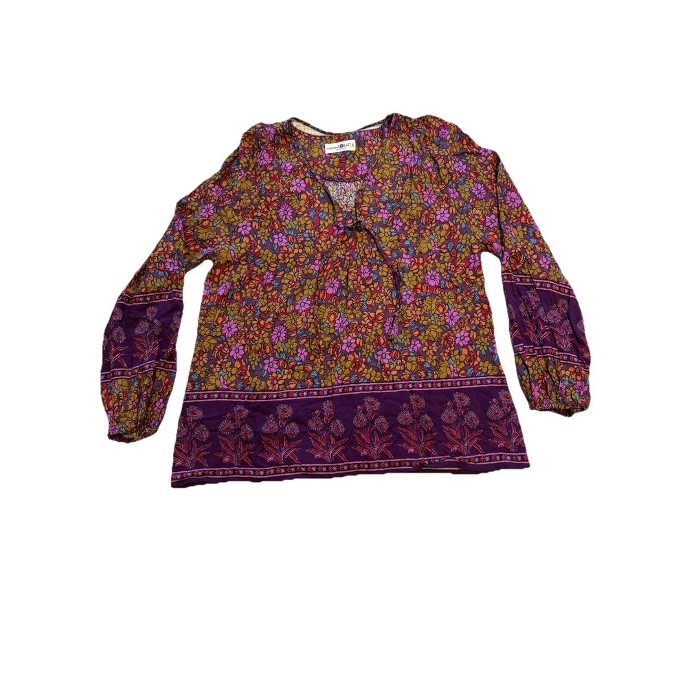 Natural Life Womens Small Tunic Top Floral Tie Front Long Sleeve Bohemian Hippie